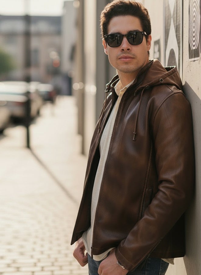 أتش بي أس جاكيت جلد طبيعي 100% للرجال بغطاء رأس منفصل وجيوب داخلية وسحاب معدني فاخر - Image 1